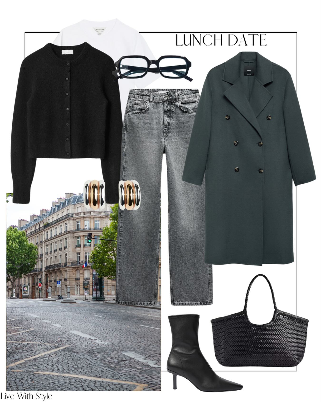 Lunch Date Layers: Dark Denim, Black Knit, and a Long Coat That Means Business